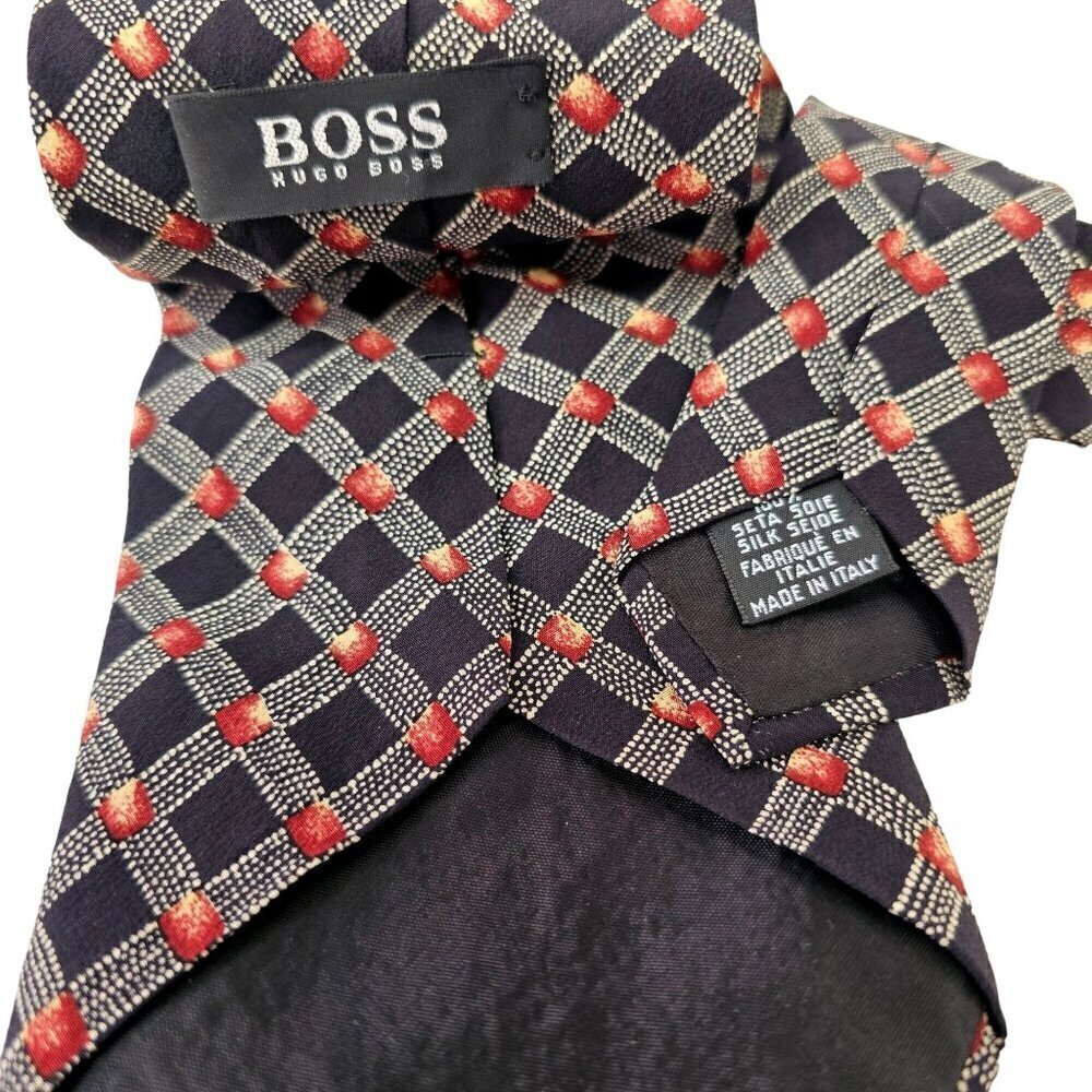 BOSS Hugo Boss Silk Necktie Taupe Grid on Black + Red Made in Italy 4"W x 56